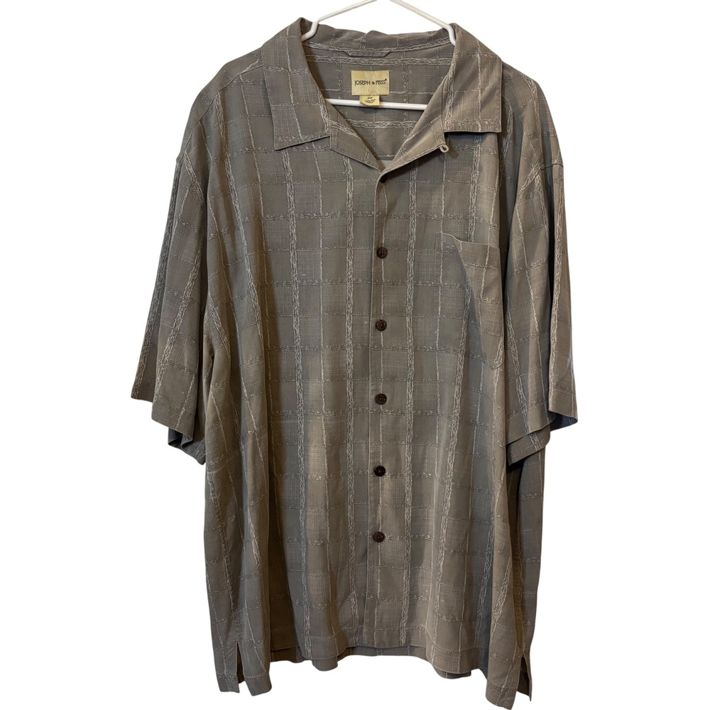 Joseph & Feiss Men's Shirt 2X Short Sleeve Button Down 100% Silk Taupe Striped
